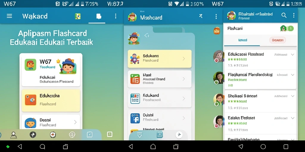 Screenshot W67 menunjukkan antarmuka interaktif aplikasi Flashcard.